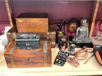 Lot 599 - Two Victorian brass bound writing slopes, together with African wooden ornaments and sundry treen items.