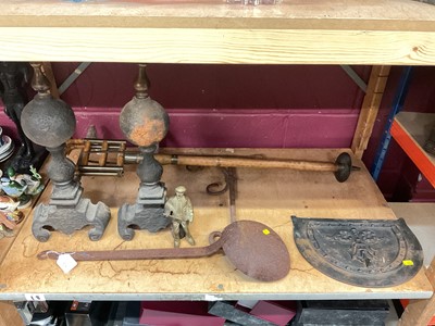 Lot 604 - Pair of antique iron fire dogs, bamboo shooting seat and other metalwares.