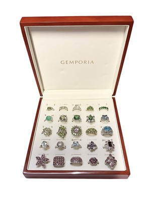 Lot 75 - Group of 25 Gemporia silver and multi-gem set dress rings in a fitted ring display case
