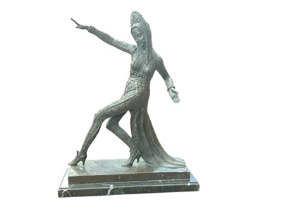 Lot 628 - Reproduction Art Deco style bronzed metal figure after C. Mirval 'dancer' on a marble base, 37 cm in height.