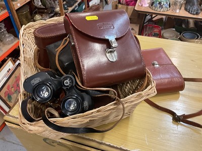 Lot 636 - Pair of Carl Zeiss binoculars in leather case, together with cameras.