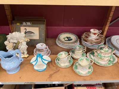 Lot 656 - Victorian Moore & Co Cherub ornament, Graingers Worcester basket, decorative plates and other ceramics together with engravings of birds.