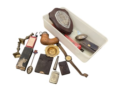 Lot 665 - Group of mixed items to include a silver case wristwatch, cut throat razor, brass miniature candlesticks and other items.