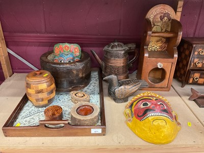 Lot 671 - Collection of assorted treen items to include a tray, motar, Scandinavian leather covered jug and other items.