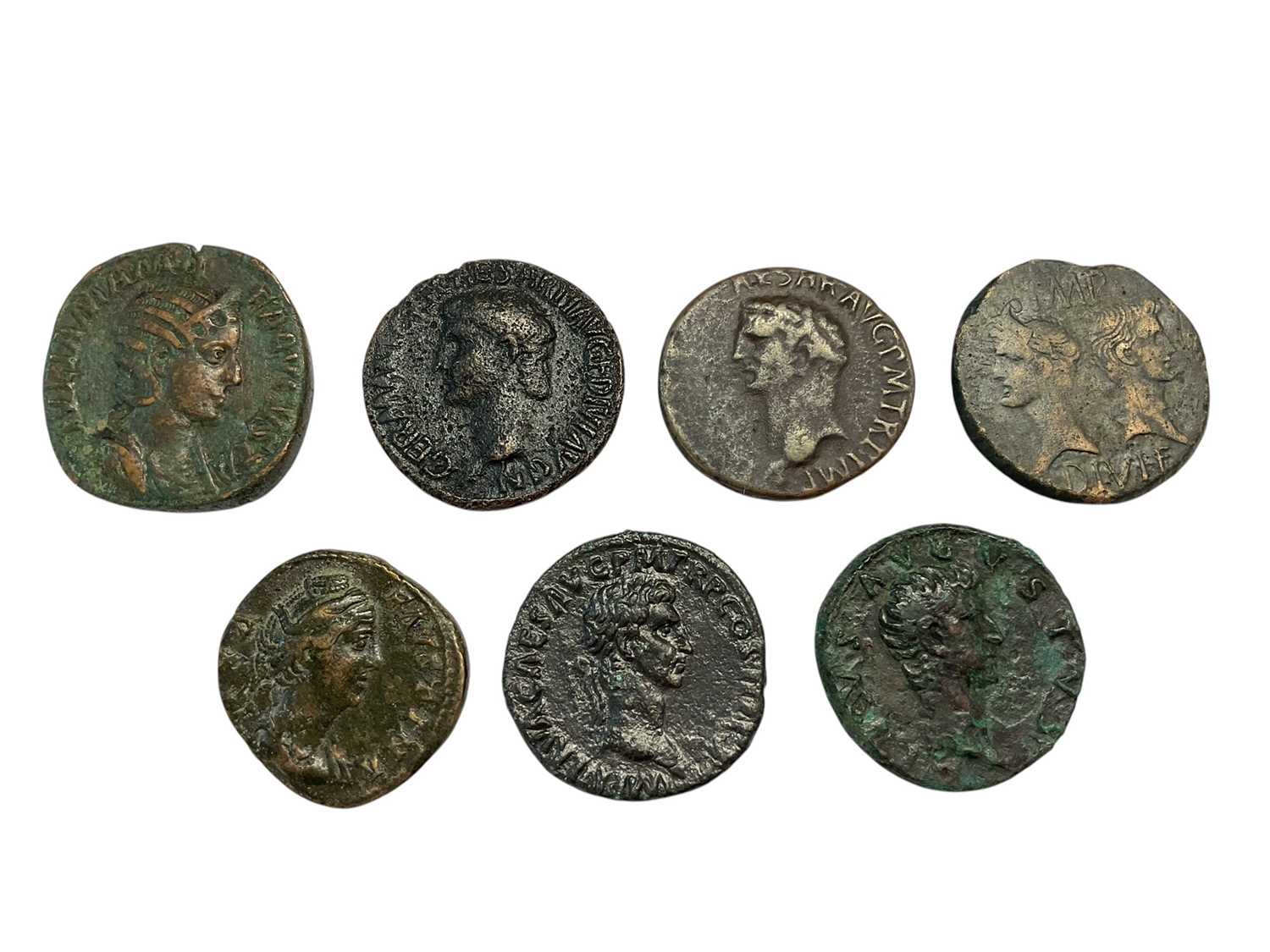 Lot 411 - Ancient - Roman base metal issues to include Augustus and Agrippa 16-12 BC orichalcum Dupondis Obv: Agrippa facing left & Augustus facing right, Rev: Crocodile chained to palm tree F-VG, cop...