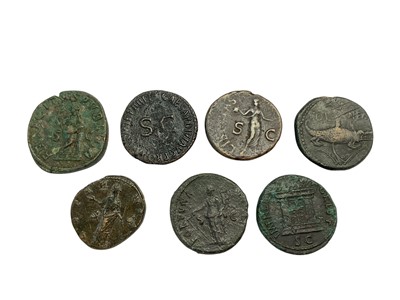 Lot 411 - Ancient - Roman base metal issues to include Augustus and Agrippa 16-12 BC orichalcum Dupondis Obv: Agrippa facing left & Augustus facing right, Rev: Crocodile chained to palm tree F-VG, cop...