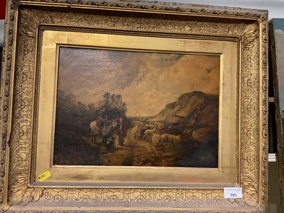 Lot 795 - Victorian oil on canvas, English country lane scene with figures, horse and sheep in gilt frame