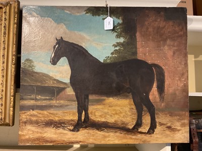 Lot 796 - Victorian English school oil on canvas , study of a stallion in farmyard