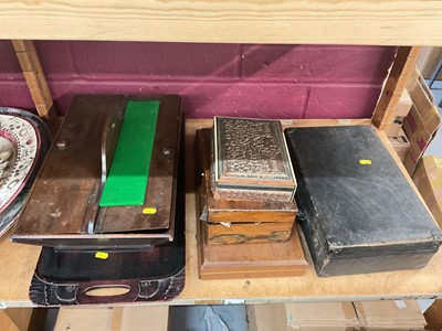 Lot 708 - Group of assorted treen items and boxes to include a wooden cutlery box, Japanese tray and other items.