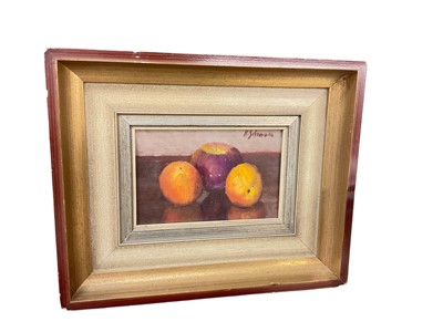 Lot 710 - 20th century oil on canvas (laid onto board) still life study of peaches, indistinctly signed, 14 x 9cm