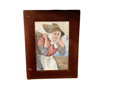 Lot 577 - Antique continetal ceramic plaque depicting a fisherwoman in velvet frame, the plaque 35 x 23cm