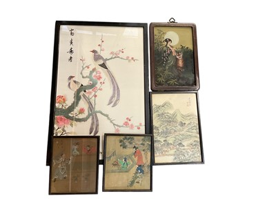 Lot 712 - Group of five Chinese and Japanese pictures to include a reverse picture on glass and other pictures (5).