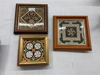 Lot 724 - Antique Gothic encaustic tile in frame, together with two framed Victorian tiles (3)