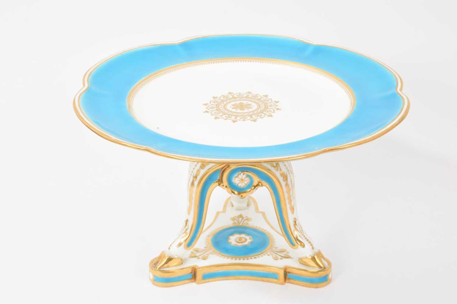 Lot 31 - Victorian Mintons turquoise glazed and gilt tazza, on three hoof feet with acanthus moulding