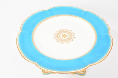 Lot 31 - Victorian Mintons turquoise glazed and gilt tazza, on three hoof feet with acanthus moulding