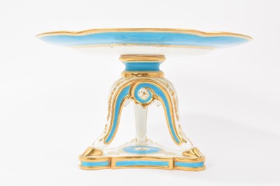 Lot 31 - Victorian Mintons turquoise glazed and gilt tazza, on three hoof feet with acanthus moulding