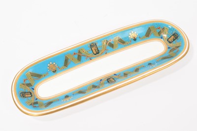 Lot 29 - Mintons Aesthetic style turquoise-ground pen tray decorated with insects and a stylised ribbon pattern, and a milk jug with lotus flowers in gilt relief