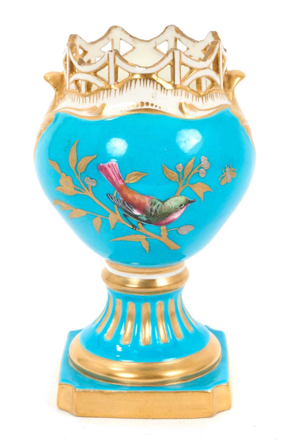 Lot 30 - Mintons Aesthetic style vase with reticulated border, decorated in relief with birds in polychrome enamels and gilt, on a turquoise ground