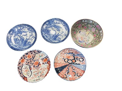 Lot 732 - Group of four Japanese chargers together with a modern Chinese famille rose bowl