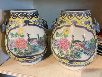 Lot 730 - Pair of contemporary Chinese vases with deer mask handles, each 25cm in height