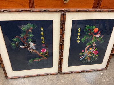 Lot 736 - Three Japanese silk pictures in bamboo style glazed frames