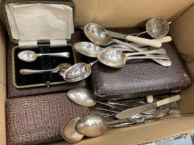 Lot 1054 - Three sets of six silver teaspoons, pair of silver mounted glass salts and salt spoons in fitted case, pair of silver spoons, together with plated flatware