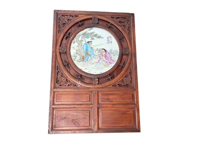 Lot 740 - Chinese porcelain plaque mounted in a large hardwood frame, 92 x 63.5cm overall.