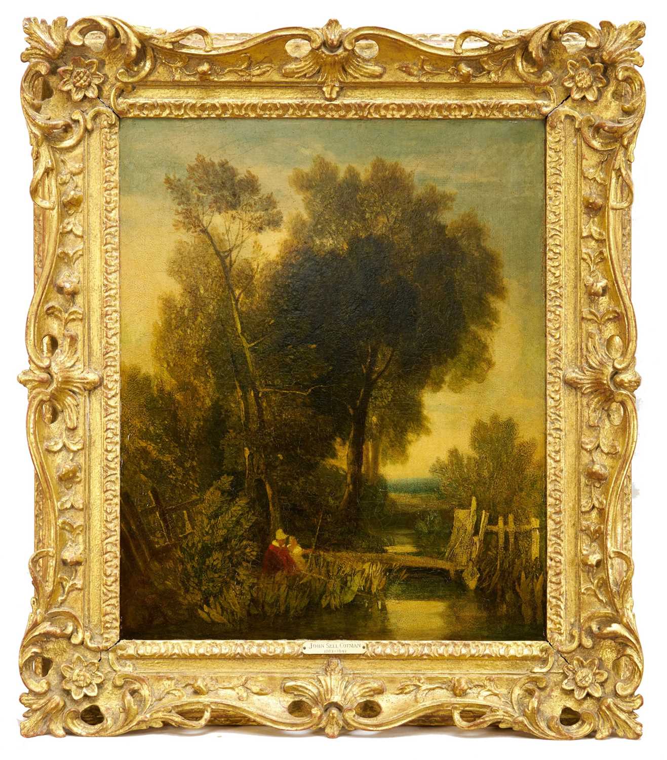 Lot 1320 - John Sell Cotman (1782-1842) oil on canvas - A Stream with Two Boys Fishing, 43.5cm x 35.5cm, exhibition labels verso, in gilt frame.