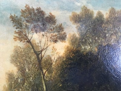 Lot 1320 - John Sell Cotman (1782-1842) oil on canvas - A Stream with Two Boys Fishing, 43.5cm x 35.5cm, exhibition labels verso, in gilt frame.