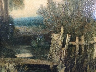 Lot 1320 - John Sell Cotman (1782-1842) oil on canvas - A Stream with Two Boys Fishing, 43.5cm x 35.5cm, exhibition labels verso, in gilt frame.