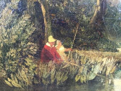 Lot 1320 - John Sell Cotman (1782-1842) oil on canvas - A Stream with Two Boys Fishing, 43.5cm x 35.5cm, exhibition labels verso, in gilt frame.