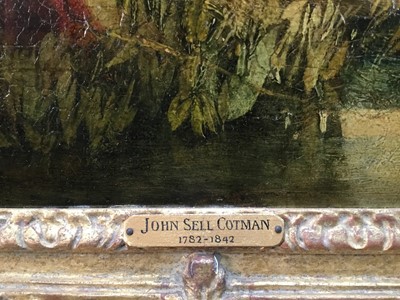 Lot 1320 - John Sell Cotman (1782-1842) oil on canvas - A Stream with Two Boys Fishing, 43.5cm x 35.5cm, exhibition labels verso, in gilt frame.
