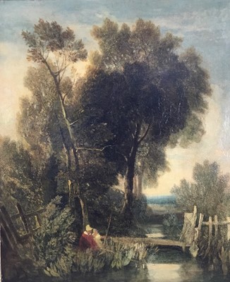 Lot 1320 - John Sell Cotman (1782-1842) oil on canvas - A Stream with Two Boys Fishing, 43.5cm x 35.5cm, exhibition labels verso, in gilt frame.