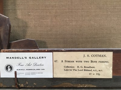 Lot 1320 - John Sell Cotman (1782-1842) oil on canvas - A Stream with Two Boys Fishing, 43.5cm x 35.5cm, exhibition labels verso, in gilt frame.