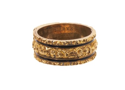 Lot George IV gold and black enamel mourning ring, the wide gold band with glazed hairwork plaque and foliate gold borders, inscribed "Sir Wm. Forbes Died. 24th Oct. 1828 Aged 56", ring size approxi...