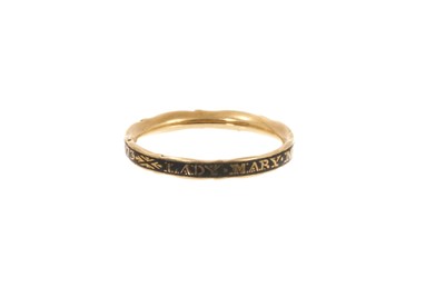 Lot George III enamel mourning ring, the gold and black enamel band with lettering "Lady Mary Menzies Died 30 Decem 1773", ring size K.