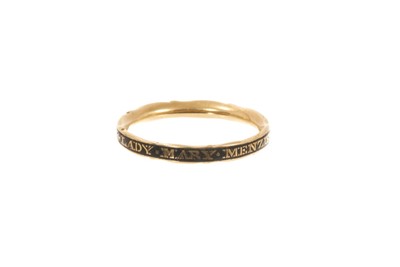 Lot George III enamel mourning ring, the gold and black enamel band with lettering "Lady Mary Menzies Died 30 Decem 1773", ring size K.