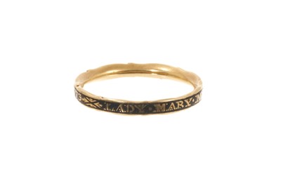 Lot George III enamel mourning ring, the gold and black enamel band with lettering "Lady Mary Menzies Died 30 Decem 1773", ring size K.