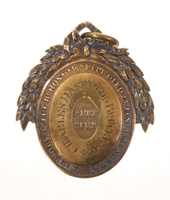 Lot Rare 19th century Pitt Club medallion, 'In memory of the Rt. Hon. Wm. Pitt, Died 23rd Jan 1806 Aged 47', engraved 'Charles Dashwood Bruce Esq.', the front with a glass cameo portrait bust of Wil...