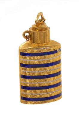 Lot 544 - George III yellow metal and enamel scent flask with blue and white enamel stripes and engine turned decoration, maker's mark AC.