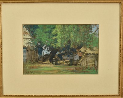 Lot 1352 - English School, early 20th century, pastel on paper - Rural Farmstead, indistinctly signed, dated '14, 21.5cm x 32cm, in glazed gilt frame