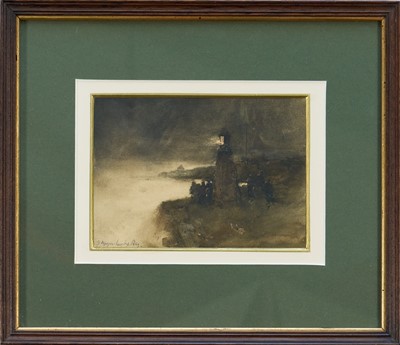 Lot 1354 - Thomas Marjoribanks Hay (1862-1921) watercolour - Storm at Crail, Fifeshire, signed, inscribed and dated '91, 12cm x 17cm, in glazed frame