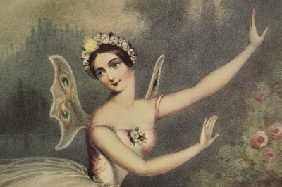 Lot 1368 - After John Brandard, lithograph of the ballet dancer Carlotta Grisi, "in the favourite ballet of Giselle; ou Les Wilis", published London c. 1841, facsimile signature, 34cm x 27.5cm, in maple fr...
