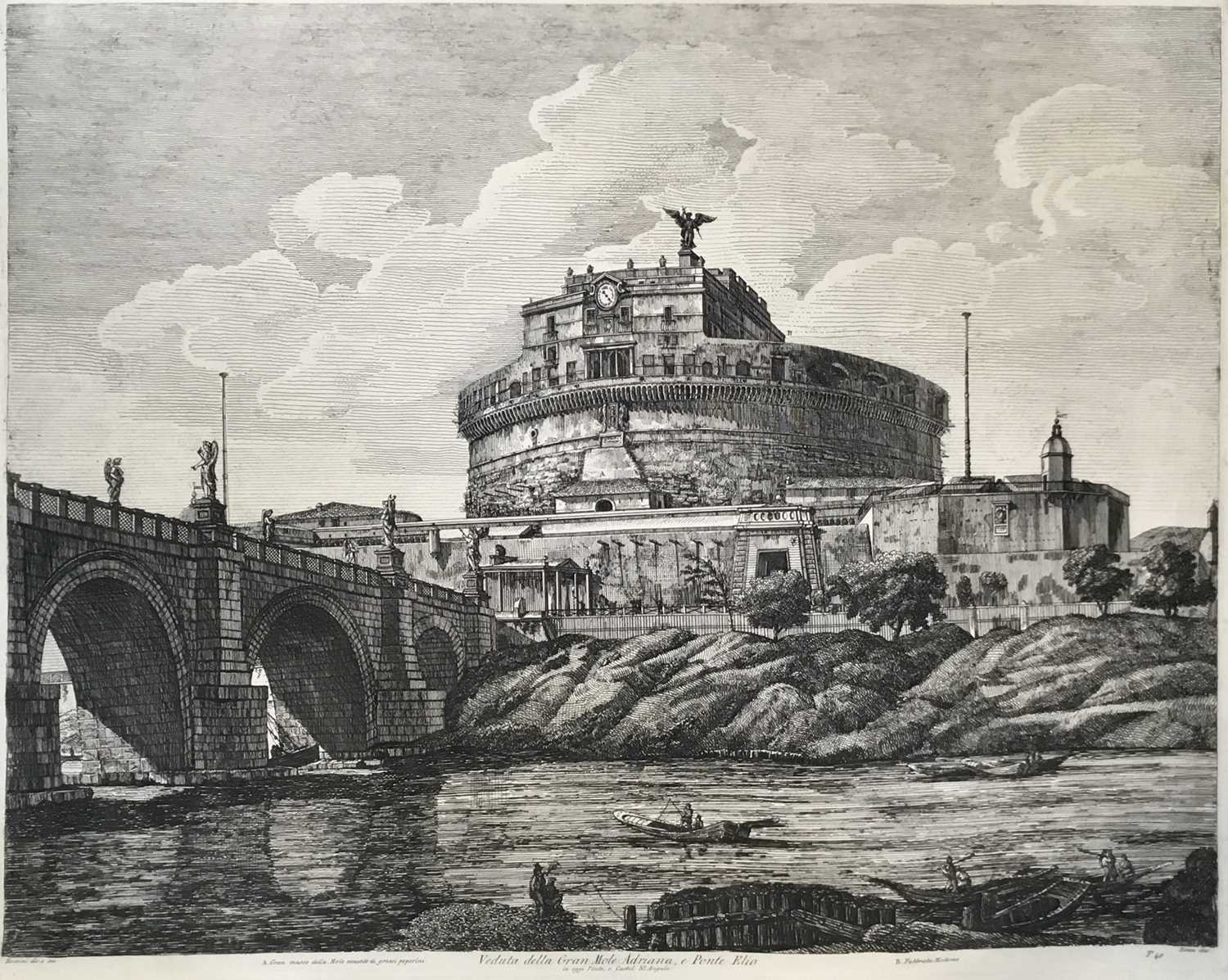 Lot 320 - Luigi Rossini (1790-1857) etching with engraving - Veduta della Gran Mole Adriana e Ponte Elio, Roma 1821, 42.5cm x 55cm, unframed