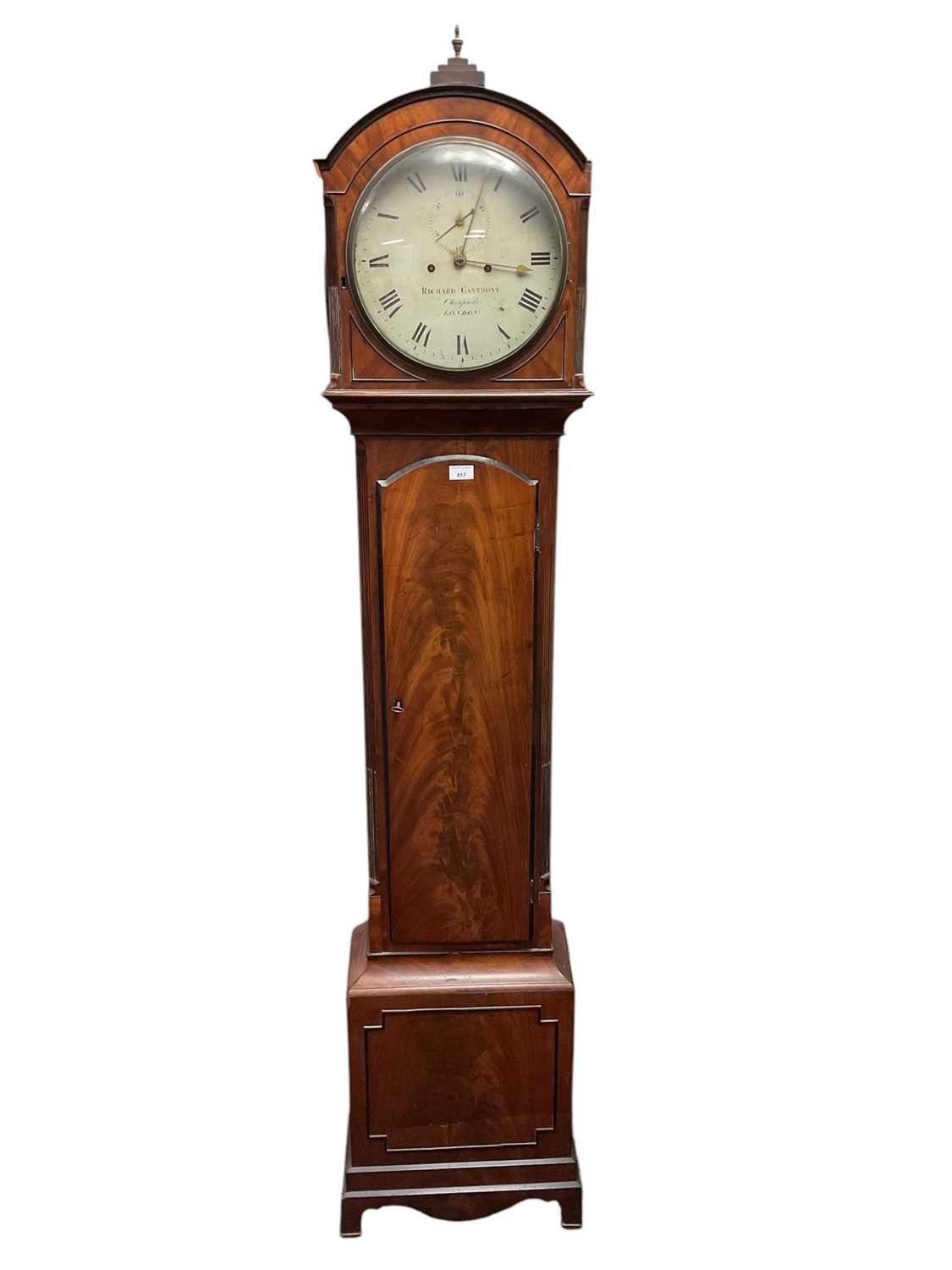Lot 817 - 19th century eight day longcase clock with painted circular dial signed Richard Ganthony, Cheapside, London with subsidiary seconds, striking on bell, in domed top case 204cm high, with brass ca...