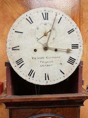 Lot 817 - 19th century eight day longcase clock with painted circular dial signed Richard Ganthony, Cheapside, London with subsidiary seconds, striking on bell, in domed top case 204cm high, with brass ca...