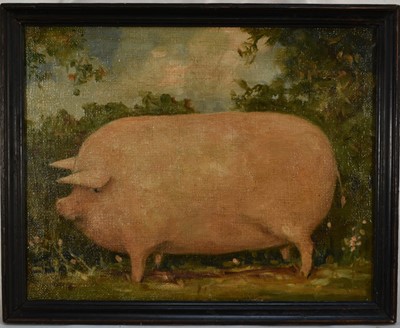 Lot 1319 - English School, oil on canvas - A Fat Pig, 24cm x 30.5cm, in ebonised frame