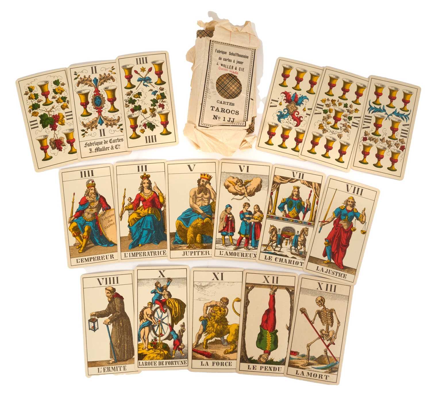 Lot 1085 - Complete deck of 78 antique Tarot cards, by J Muller and Cie