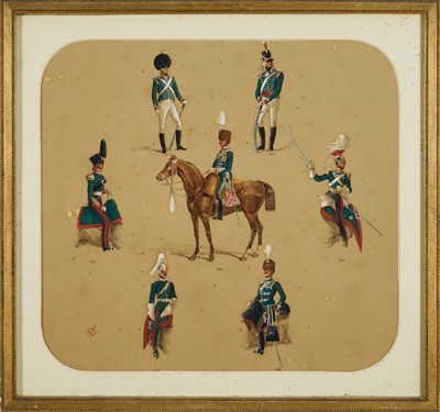 Lot 1320 - Reginald Augustus Wymer (1849-1935) watercolour and bodycolour - The Loyal Suffolk Hussars Yeomanry Cavalry, initialled and dated 1882, 33cm x 36cm, in glazed gilt frame