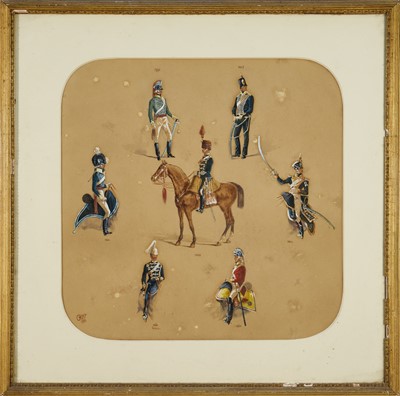 Lot 1321 - Reginald Augustus Wymer (1849-1935) watercolour and bodycolour - British Dragoons and Hussars, initialled and dated 1882, 33cm square, in glazed gilt frame